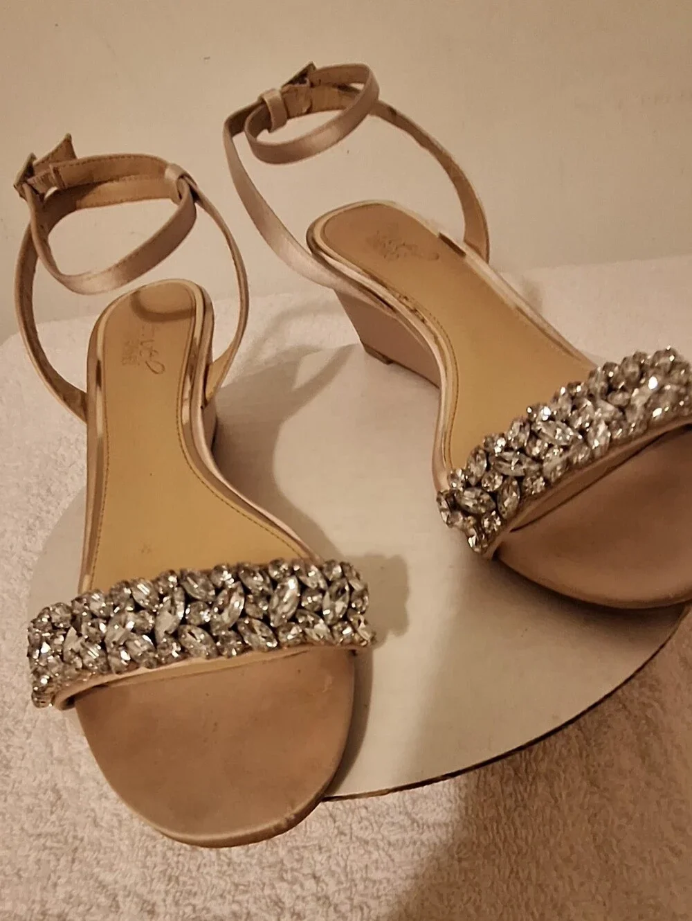 Jewel Badgley Mischka Champagne Satin. Crystal-Strap Open-Toe Sandals
